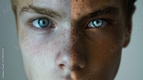 The photo features a man with freckled hair and striking blue eyes, showcasing a unique split personality comparison in his facial features photo