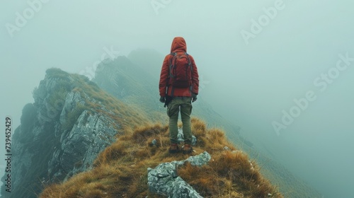 An individual wearing a red jacket stands on a hill, overlooking the mist-covered landscape below. The person appears to be observing their surroundings © FryArt
