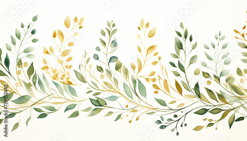Watercolor seamless border illustration with green leaves © rida