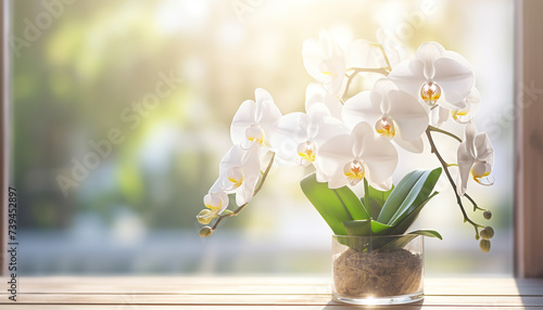 white orchid flower decoration in a glass vase #739452897
