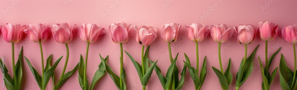 Fototapeta premium banner Pink tulips on pink background, top view, background for congratulations