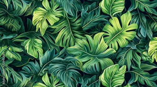 Vibrant and lush  this tropical background features an array of jungle plants  creating an exotic pattern adorned with vivid palm leaves for a captivating visual experience.