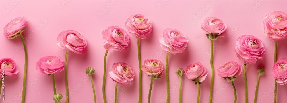 banner Pink roses ranunculus on pink background, top view, background for congratulations