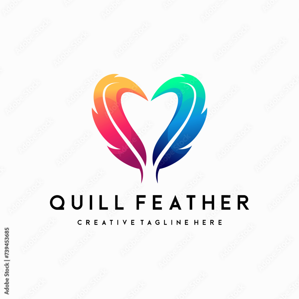 quill and heart shape combination logo design concept, heart feather logo