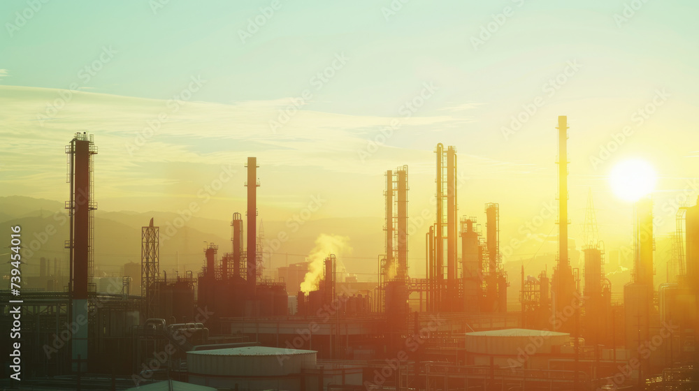 industrial landscape at sunset with multiple smokestacks emitting large amounts of smoke, highlighting environmental concerns related to air pollution.