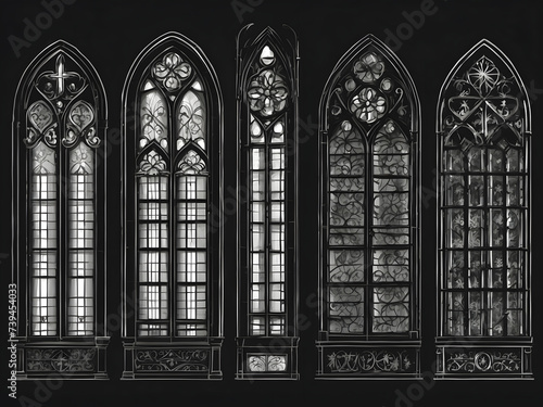 windows set in a church. Gothic arch silhouettes in the classic line and glyph style. antique glass frames for cathedrals. interior features from Middle Ages design.