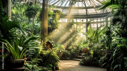 Indoor botanical garden flourishes with lush greenery  bathed in sunlight pouring through panoramic windows  offering a refreshing and natural backdrop.
