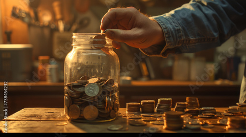 plant growing from a glass jar filled with coins, bathed in the warm glow of a setting sun.