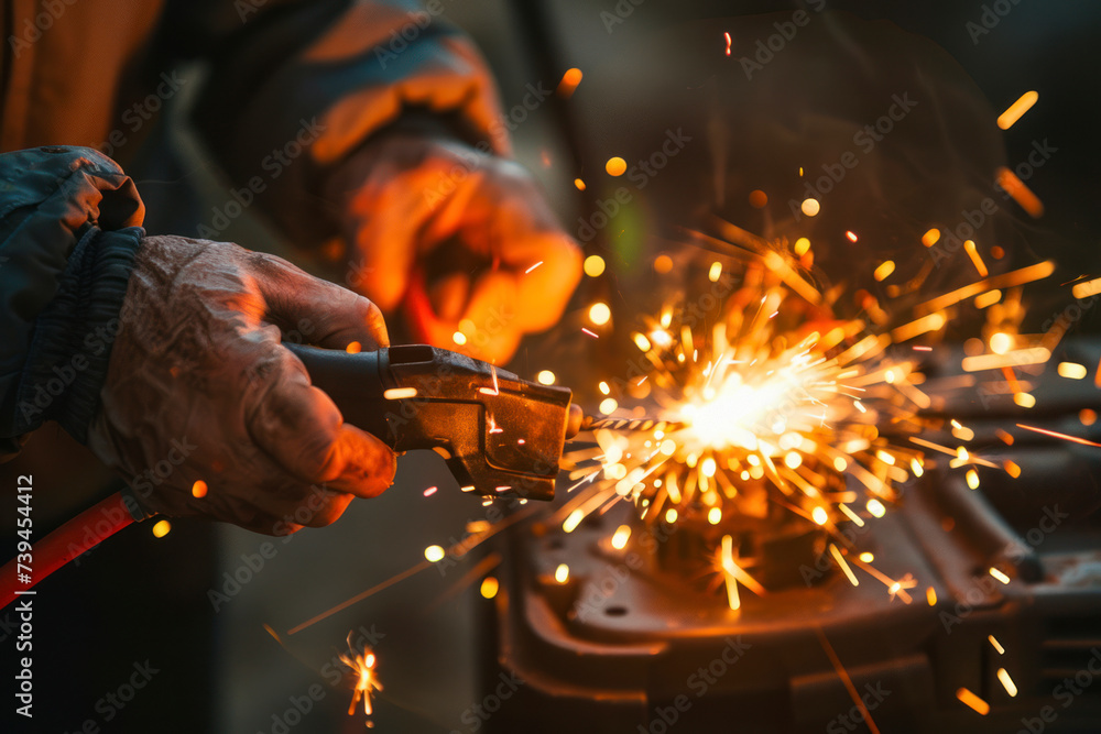 Close up of hand Charging car battery with electricity trough jumper cables.