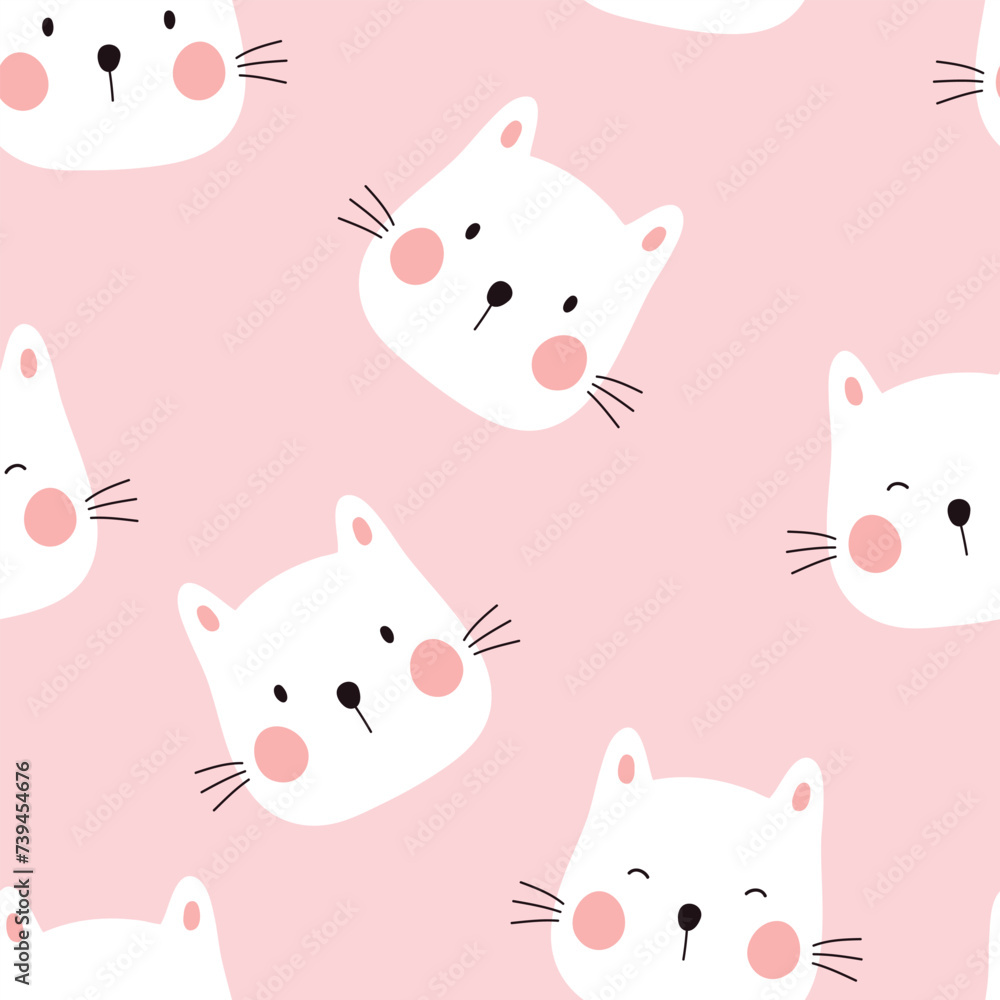 Seamless pattern with cute white cat. Vector illustration on pink background. It can be used for wallpapers, wrapping, cards, patterns for clothing and others.