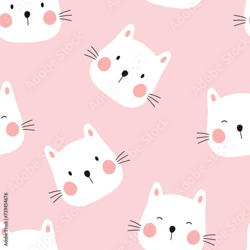 Seamless pattern with cute white cat. Vector illustration on pink background. It can be used for wallpapers, wrapping, cards, patterns for clothing and others.
