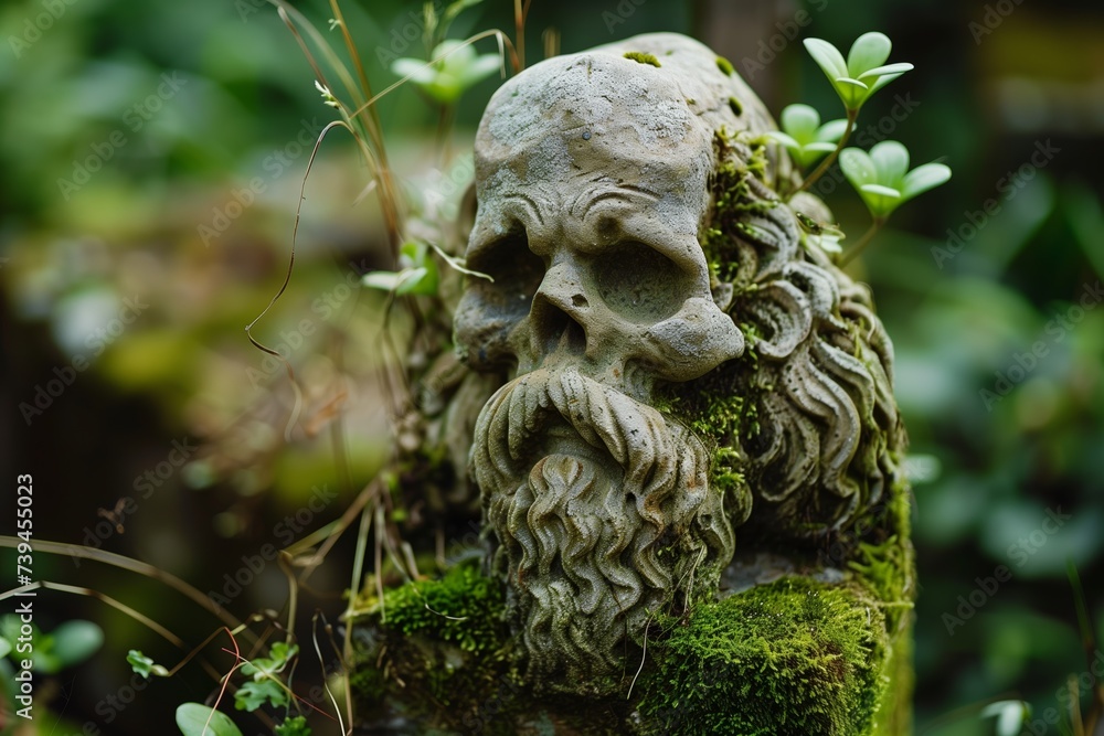 an unusual tombstone featuring a old mans skull with beard