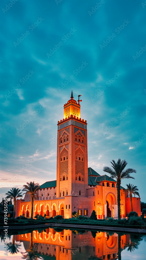 Obraz premium Illuminated Minaret Reflecting on Water at Twilight