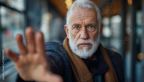 A senior 55-years old businassman stretches out his palm to the camera and says with a 