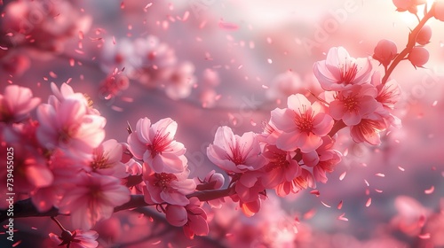 Cherry blossom petals are falling Contrasting with the pastel sky.