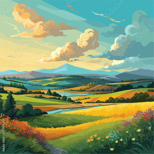 Illustration of beautiful fields landscape. illus