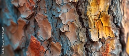 Macro close-up of weathered tree trunk with peeling paint for texture background photo