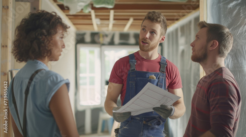 construction worker or contractor in a blue jumpsuit and red shirt holding a clipboard while discussing work with a couple, possibly homeowners, inside a house under construction.