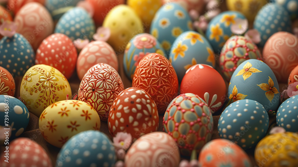 Image of various Easter eggs decorated and arranged on background for festive holiday season Image of various Easter eggs decorated and arranged on background for festive holiday season