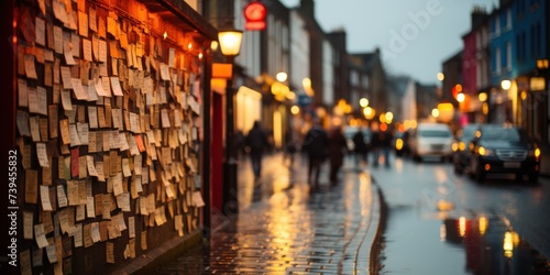 A city street bustling with activity, covered in colorful post it notes. Passersby are seen reading and adding notes to the growing collection