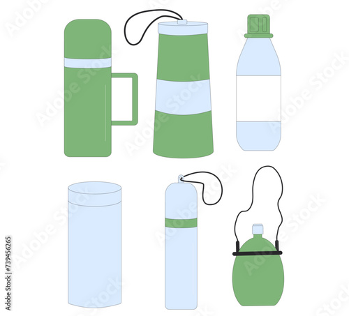 Flask, thermos, bottle of water isolated on white background. Camping water tank collection. Hiking vacation equipment. Expedition vector flat illustration