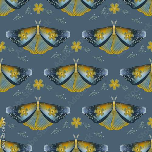 Night fly with floral ornamebt on wings vector seamless pattern,