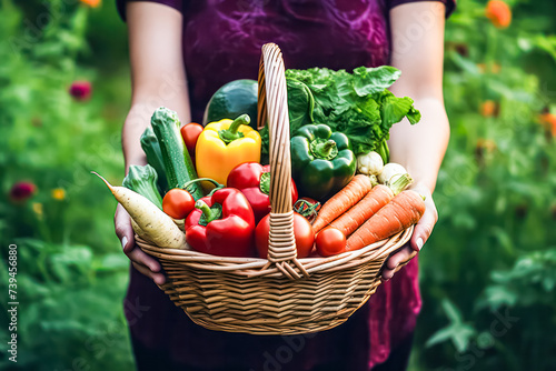 A man holds a basket brimming with vibrant, healthy organic vegetables, showcasing the fruits of his labor and commitment to sustainable, nutritious living.