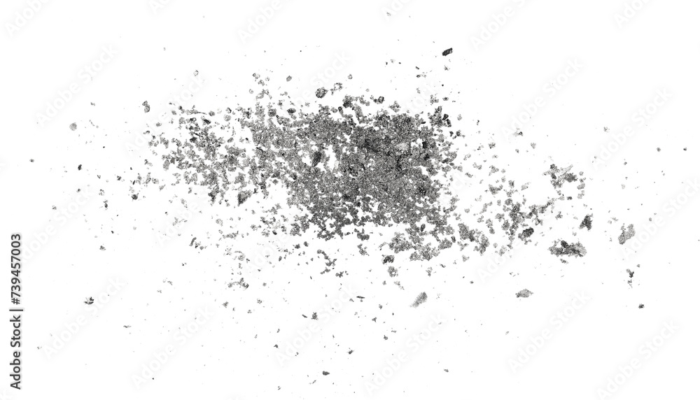 Cigarette ash scattered, isolated on white background and texture, clipping path