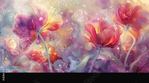 Immerse yourself in an ethereal landscape of abstract colors, where vibrant flowers, especially tulips, bloom in a myriad of soft pastel tones