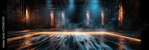Techno hall with spotlights rays and smoke background. Dark blank and smoky 3d room with light shining down from ceiling. Fog glows blue in spotlight creating an abstract scene