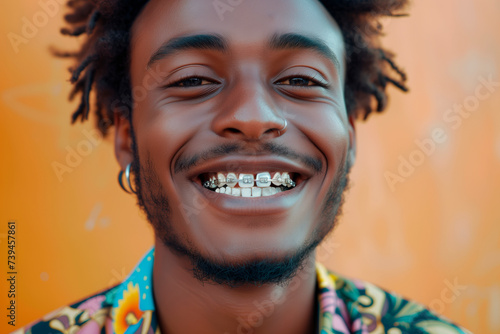 African American man smiles with metal braces on his teeth. Street portrait. Orthodontist, medicine, dentistry