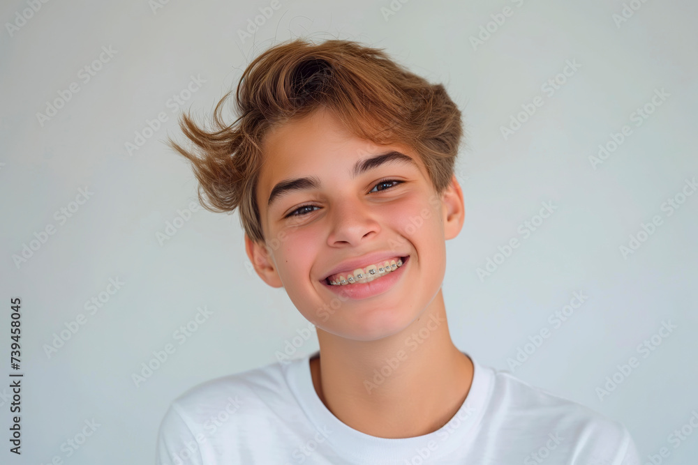 Portrait of a smiling teenage boy with braces in his mouth on a light background with empty space for text Portrait of a smiling teenage boy with braces in his mouth on a light background with empty space for text