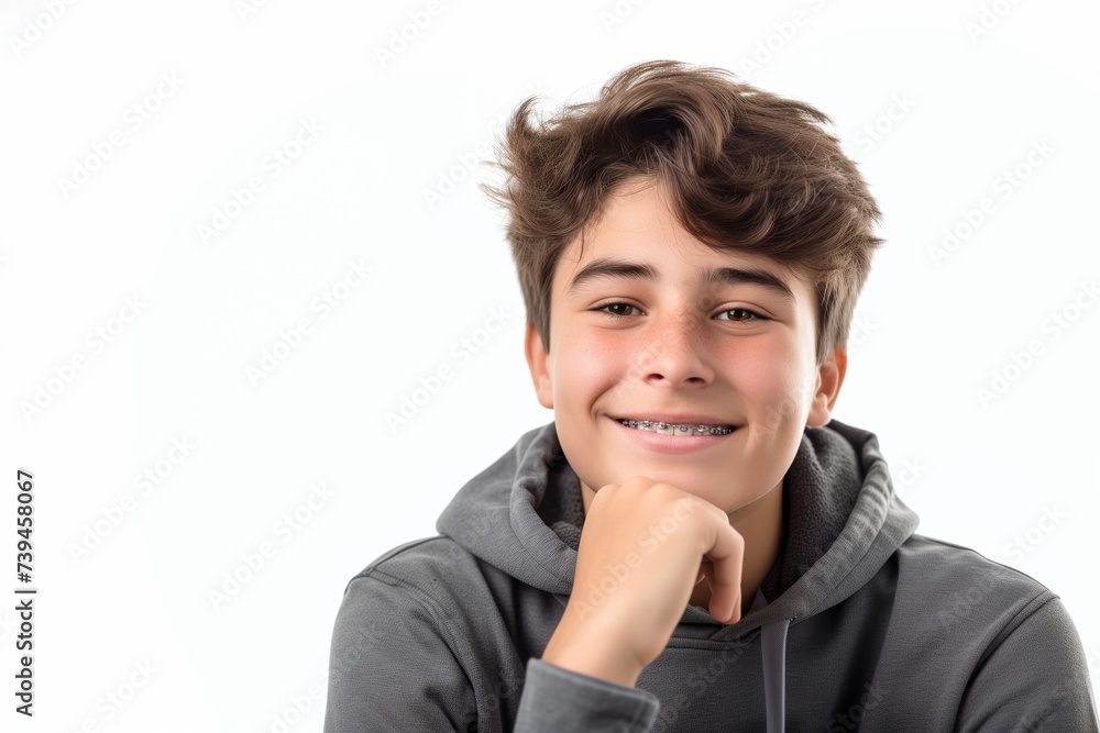 Portrait of a smiling teenage boy with braces in his mouth on a light background with empty space for text Portrait of a smiling teenage boy with braces in his mouth on a light background with empty space for text