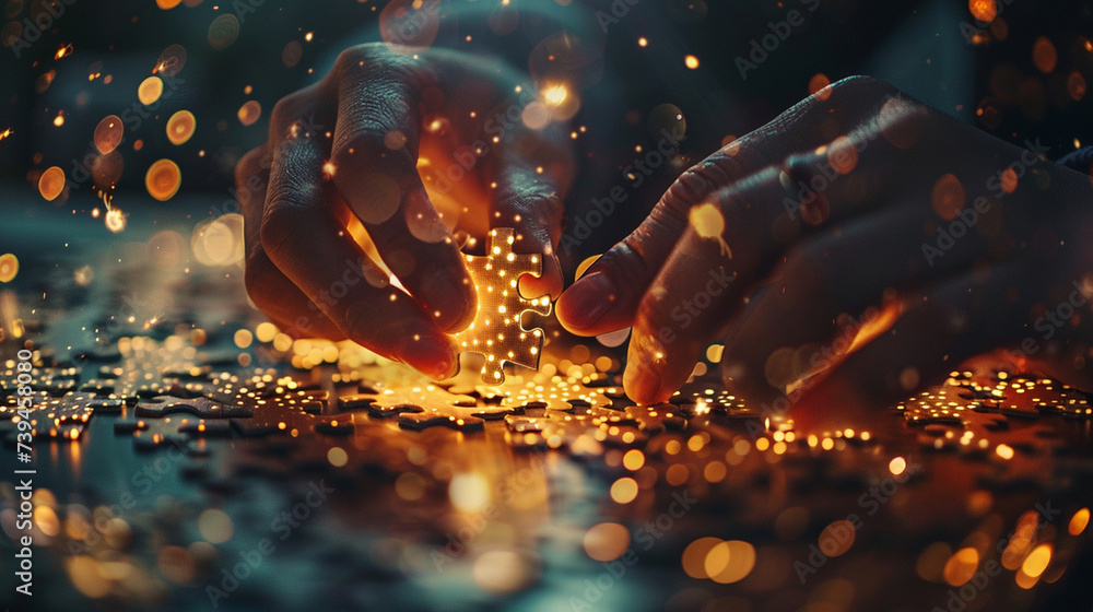 A captivating photo of a person connecting puzzle pieces with beams of light, representing the intriguing process of assembling an interesting idea A captivating photo of a person connecting puzzle pieces with beams of light, representing the intriguing process of assembling an interesting idea