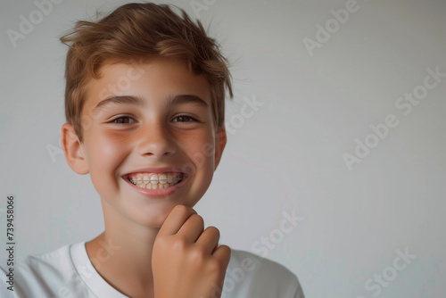 Portrait of a smiling teenage boy with braces in his mouth on a light background with empty space for text