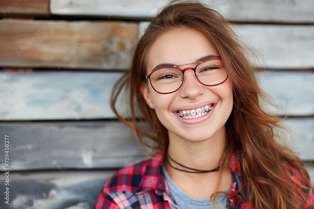 Close-up portrait of a smiling girl with braces in her mouth on the street - obrazy, fototapety, plakaty 