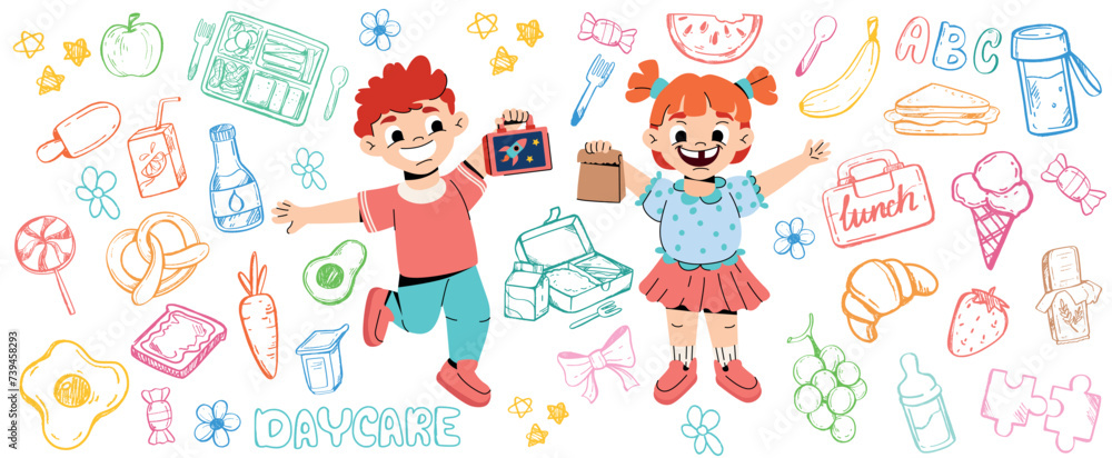 Vector doodle daycare pattern with cartoon kids. Funny cartoon girl and boy in kindergarten or preschool with healthy food and drinks. Happy characters hold lunch boxes with snacks, fruits, vegetables