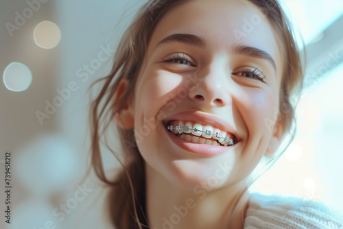 Close-up portrait of a smiling girl with braces in her mouth on the street
