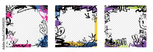 Graffiti border or frame with spray paint stickers, urban elements with ink drips. Vector set of covers with tags, abstract street art decoration and hand gestures isolated on transparent background.