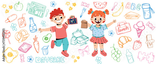 Vector doodle daycare pattern with cartoon kids. Funny cartoon girl and boy in kindergarten or preschool with healthy food and drinks. Happy characters hold lunch boxes with snacks, fruits, vegetables photo