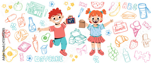 Vector doodle daycare pattern with cartoon kids. Funny cartoon girl and boy in kindergarten or preschool with healthy food and drinks. Happy characters hold lunch boxes with snacks, fruits, vegetables