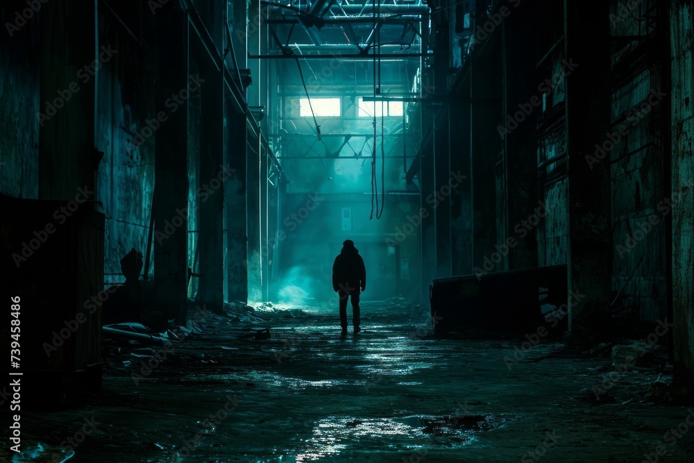 Silhouette of a man standing in an abandoned factory at night. Silhouette of a lone figure in a dimly lit, abandoned industrial setting.  - obrazy, fototapety, plakaty 
