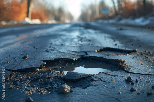 Close-up of a pothole in an asphalt road with broken pieces and water inside