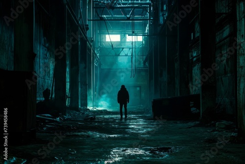 Silhouette of a man standing in an abandoned factory at night. Silhouette of a lone figure in a dimly lit, abandoned industrial setting. 