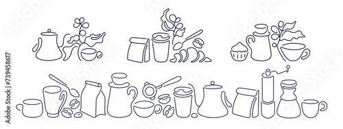 Coffee line barista sketch, bakery, dessert batch