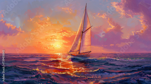 A painting depicts a sailboat navigating choppy waves in the ocean during sunset, with the sky painted in hues of orange and red