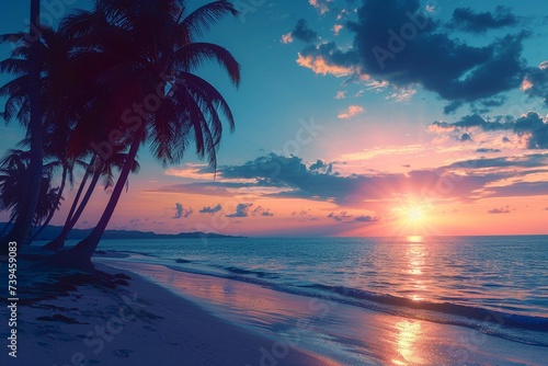 Beautiful tropical beach with palm trees silhouettes at dusk. 