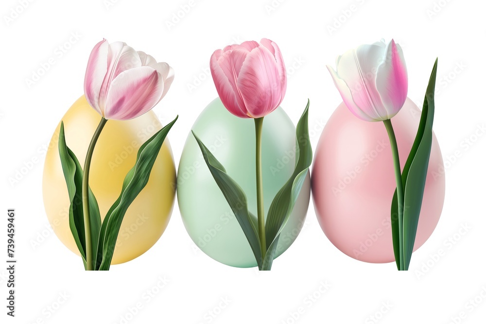 Easter concept. Three painted solid color eggs pastel pink, green and yellow isolated on white background. There are three large tulips in front. Symbols and customs of Easter holidays. Easter concept. Three painted solid color eggs pastel pink, green and yellow isolated on white background. There are three large tulips in front. Symbols and customs of Easter holidays.