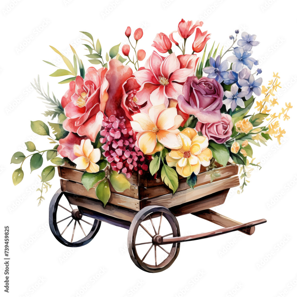 a bouquet of flowers in a wheelbarrow on a white background
