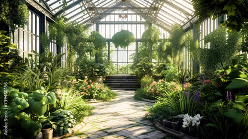 Under the radiant sun, a greenhouse brimming with exotic plants is showcased, offering a glimpse of vibrant foliage and botanical wonders on a bright, sunny day.